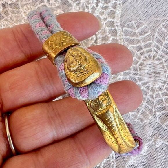 Artisan Jewelry - Hand Crafted Gold Overlay Purple/Pink & Blue Fabric Bracelet Istanbul Designer